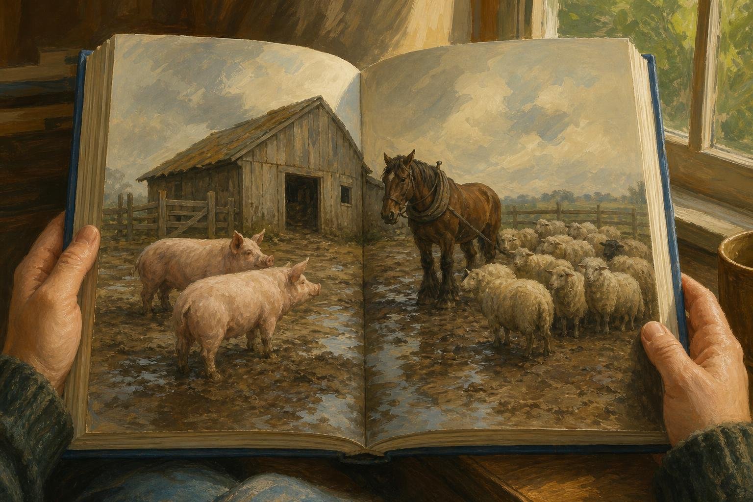 Illustration of hands holding an open book showing pigs, a horse and sheep beside a barn.