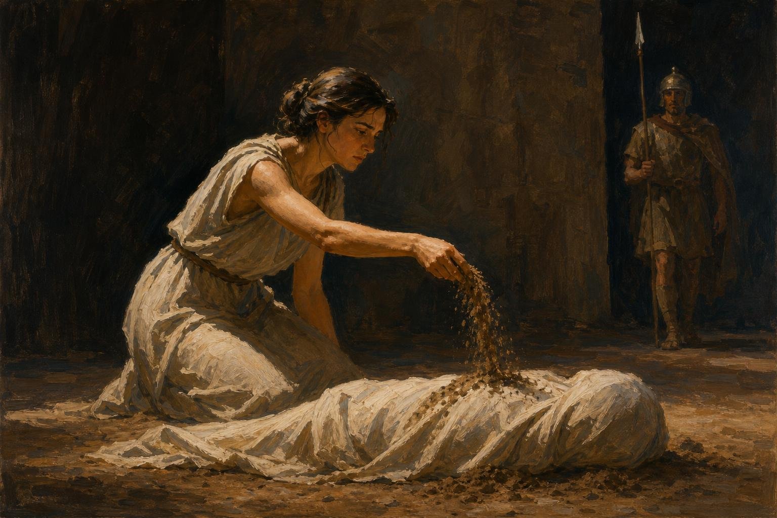 Illustration of a woman in ancient Greek dress scattering soil over a shrouded body as a guard approaches.