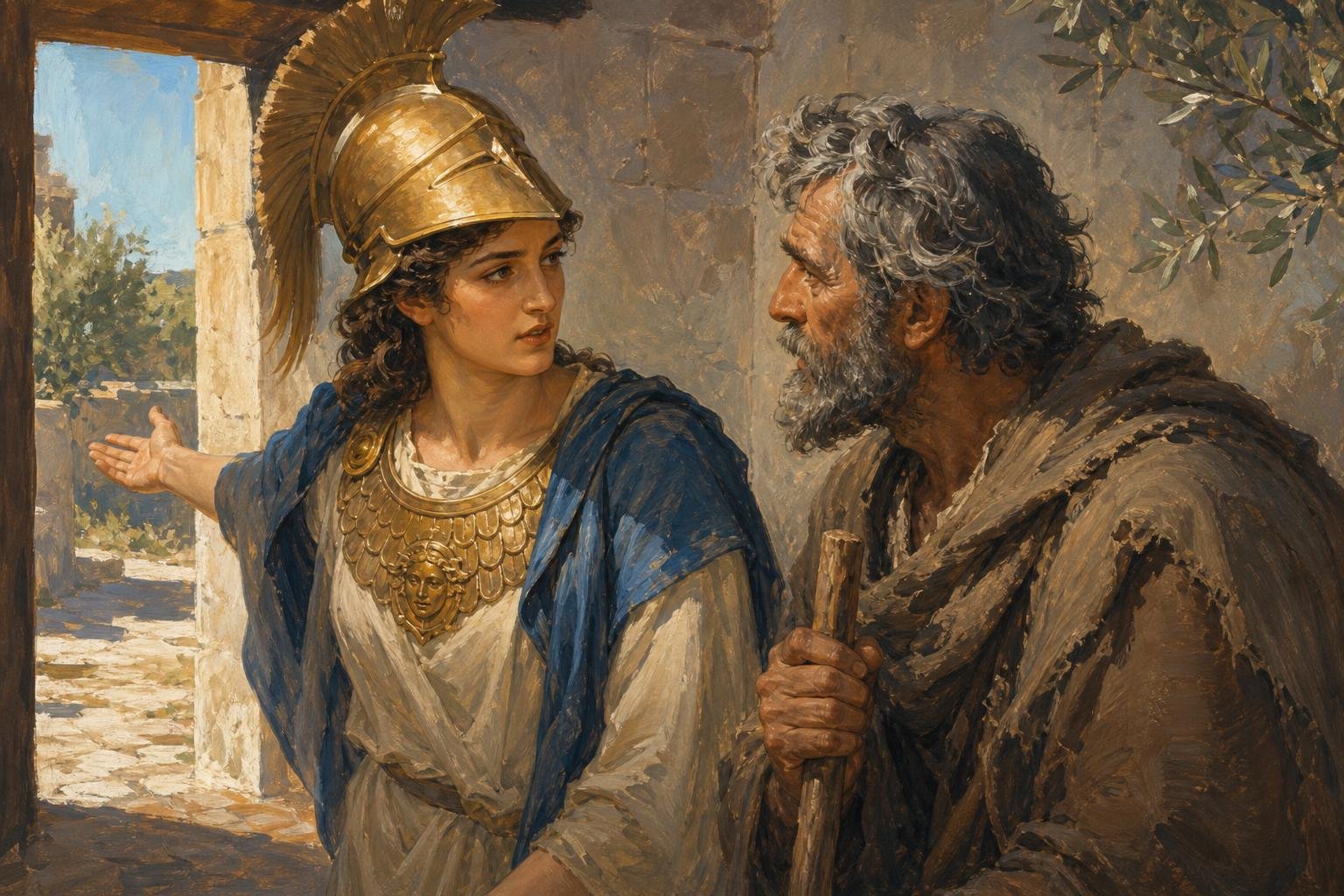 Illustration of helmeted Athena guiding a cloaked Odysseus with a wooden staff beside a courtyard doorway.