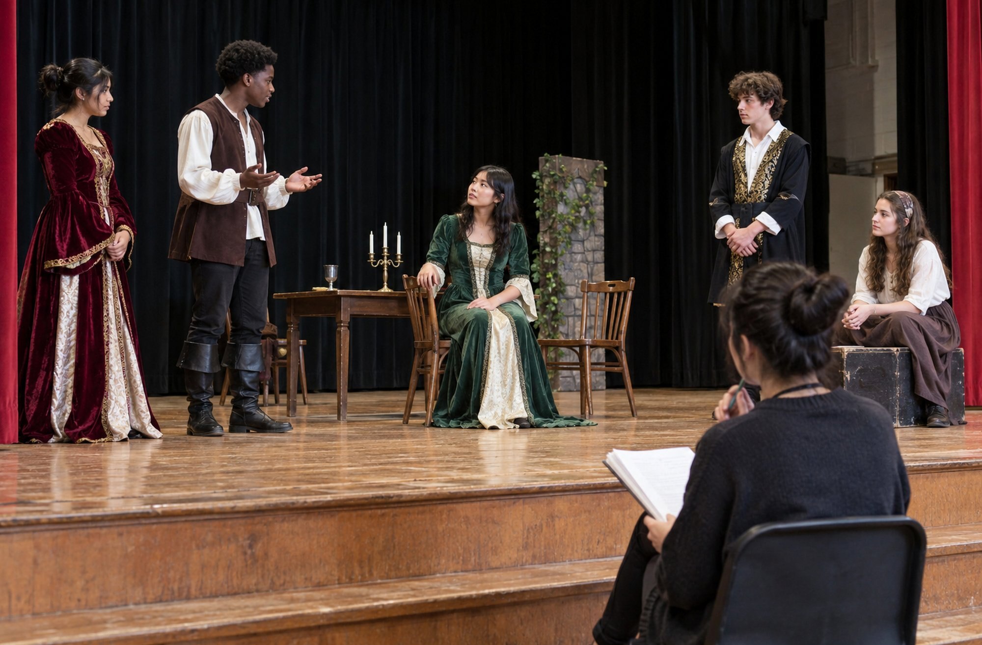 Actors in period costumes rehearse on a spare wooden stage as a seated person watches with a script.