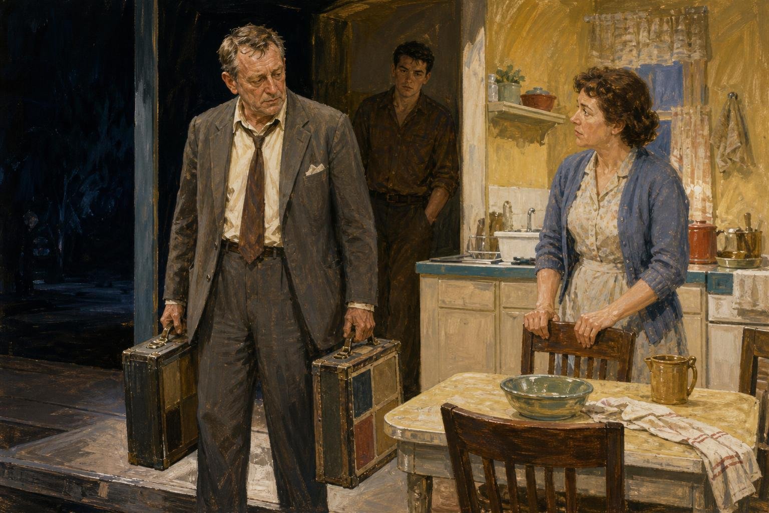 Illustration of an aging salesman carrying sample cases into a modest kitchen as his wife and adult son watch.