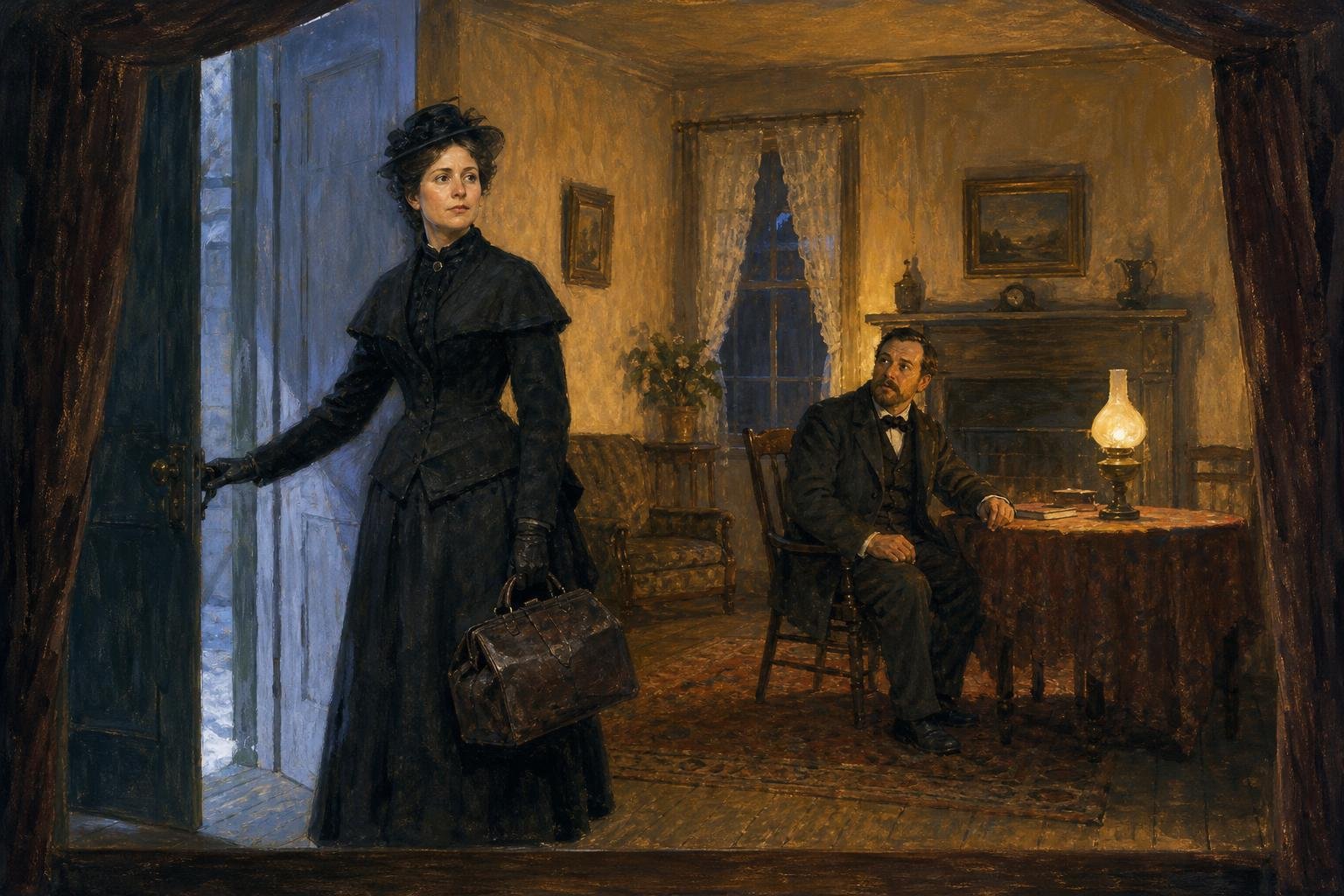 Illustration of a woman with a traveling bag at an open door, leaving a seated man in a period sitting room.