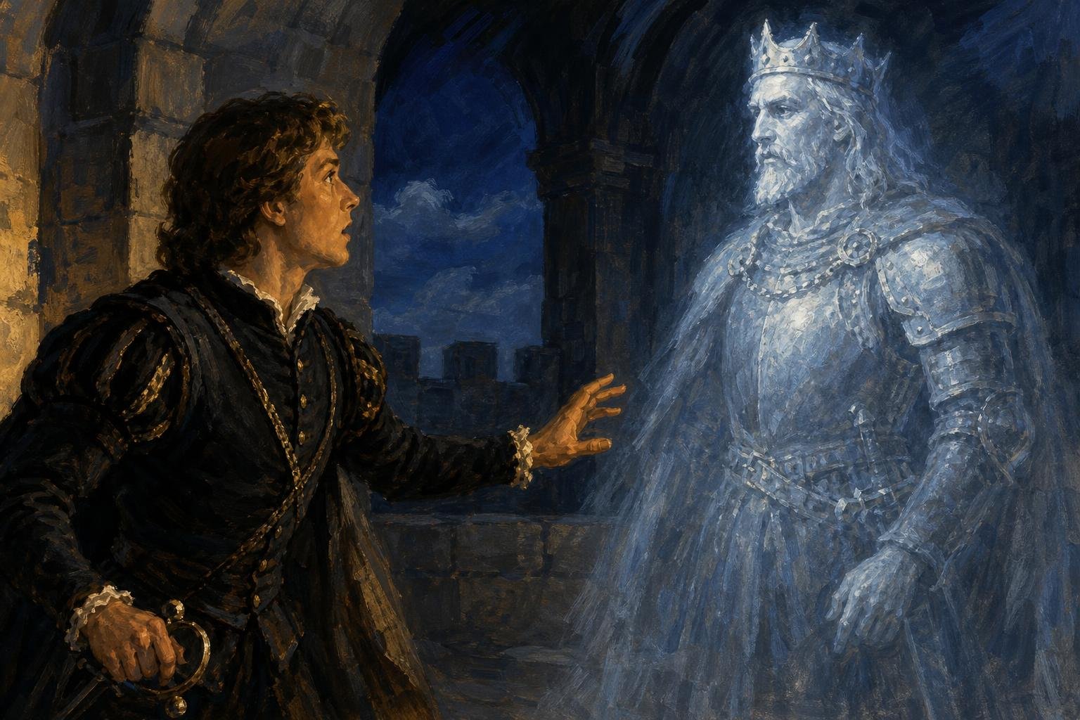Illustration of a startled young prince facing his father's armored ghost on moonlit castle battlements.