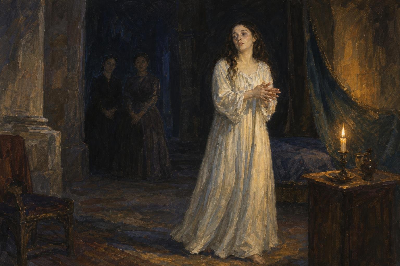 Illustration of a sleepwalking queen rubbing her hands beside a candle while two attendants watch.