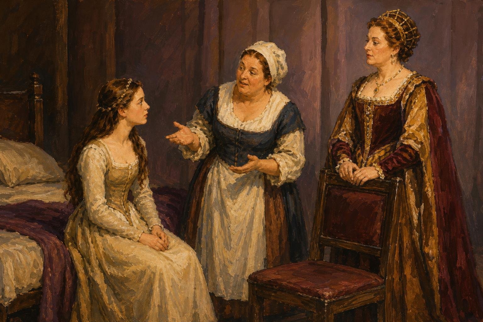 Illustration of a youthful Juliet listening to her nurse and mother in a Renaissance stage bedchamber.