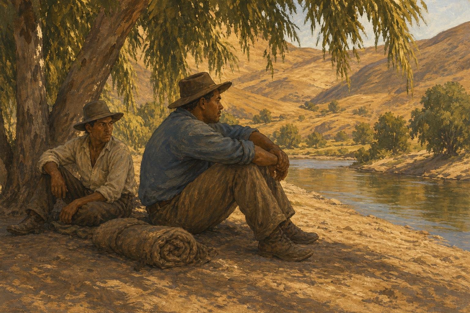 Illustration of two migrant workers with bedrolls resting under willows beside a river in warm afternoon light.