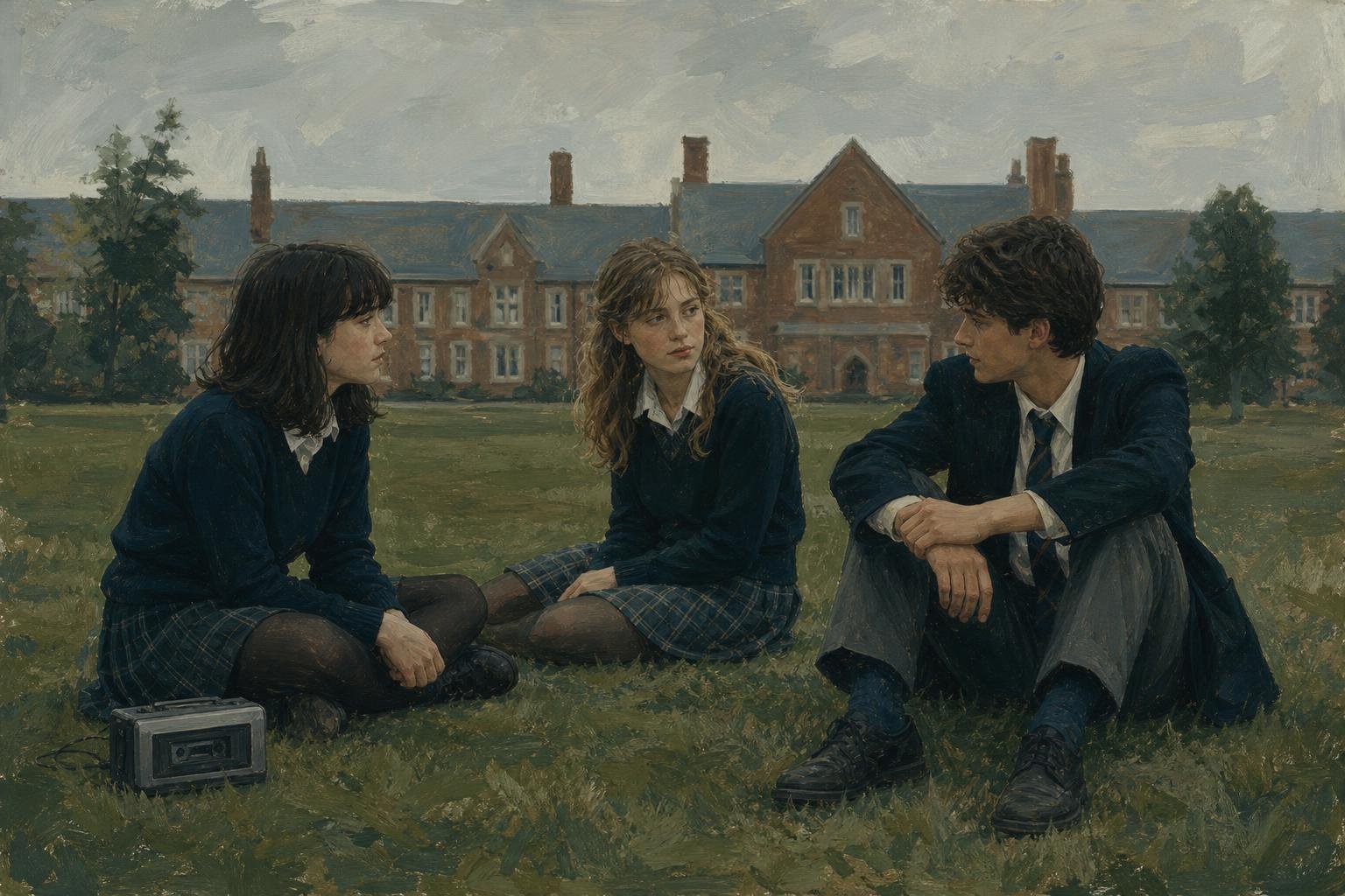 Illustration of three teenage friends on a boarding school lawn with a cassette player in soft grey light.