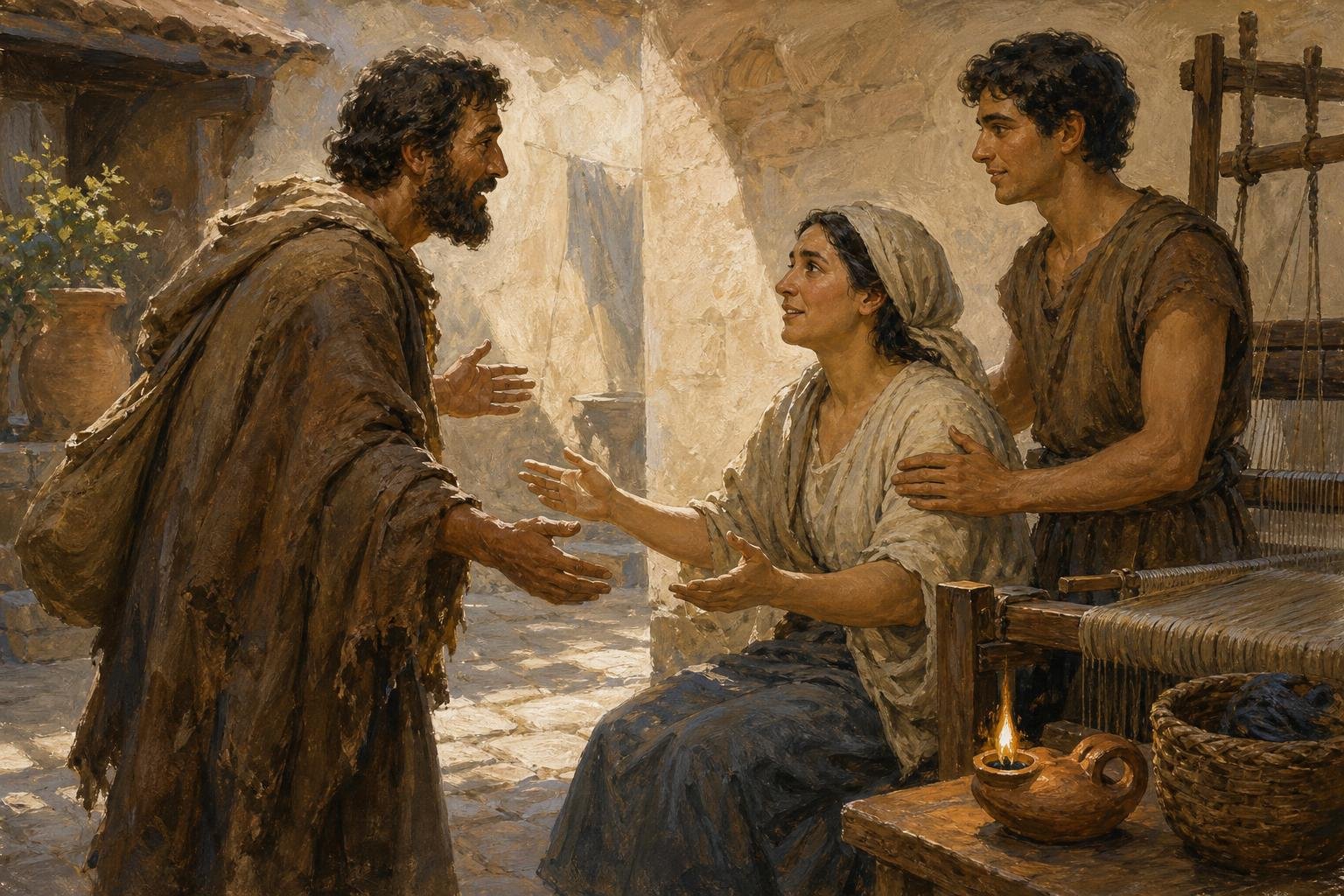 Illustration of a returning traveler reunited with his wife and grown son beside a loom in an ancient Greek courtyard.