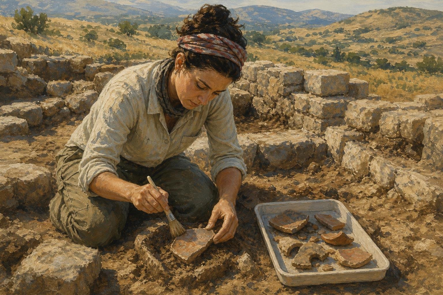Illustration of an archaeologist uncovering stone foundations and pottery on a Mediterranean hillside.
