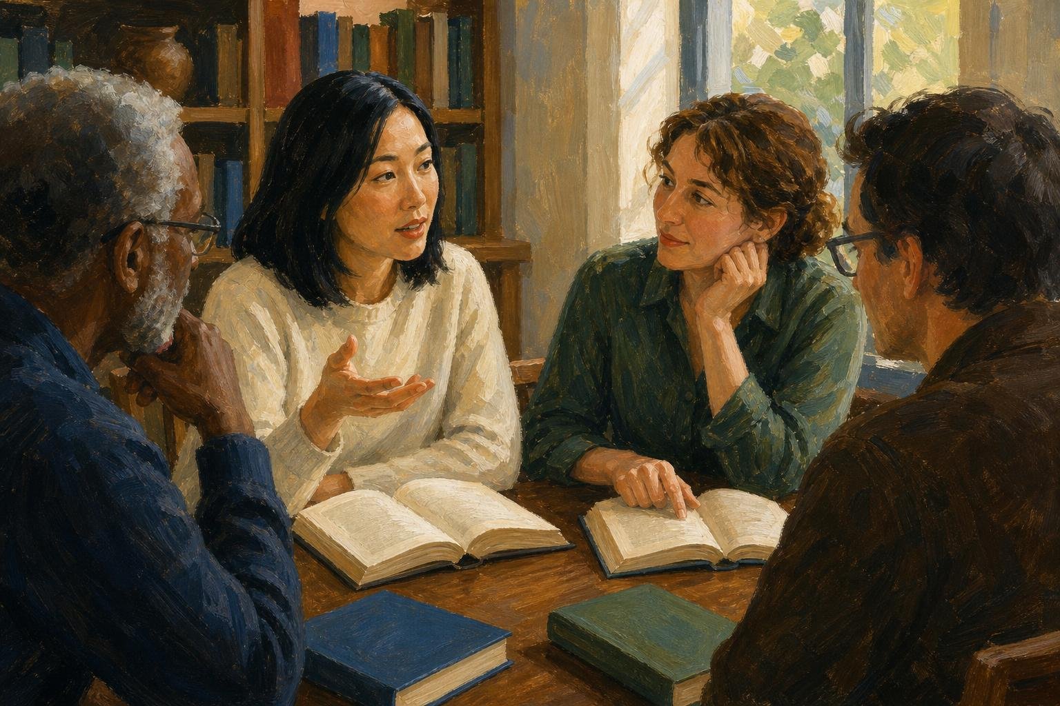 Illustration of readers discussing open novels around a table in a softly lit reading room.