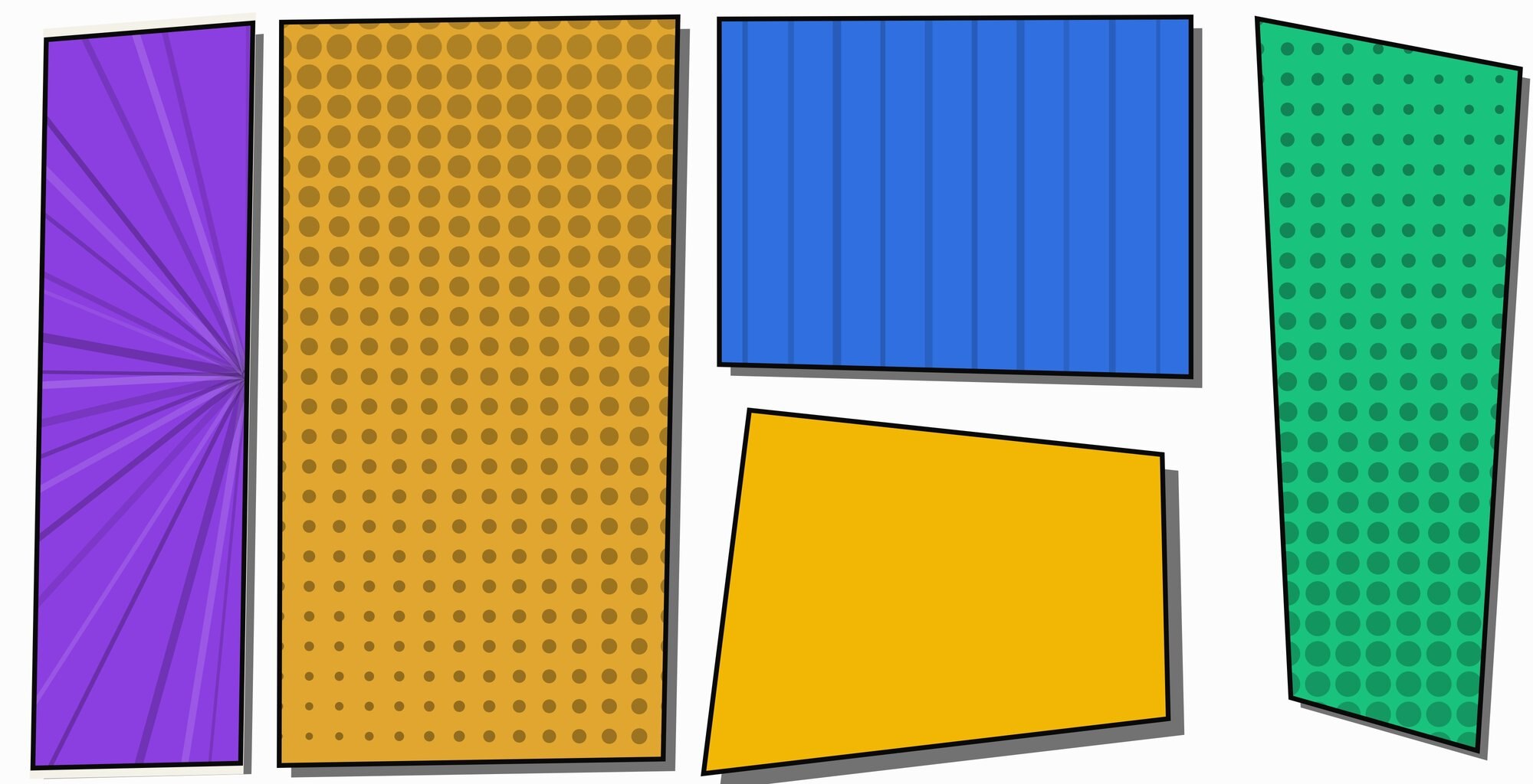 Five colorful comic panels with halftone dots and radiating lines on a white background.