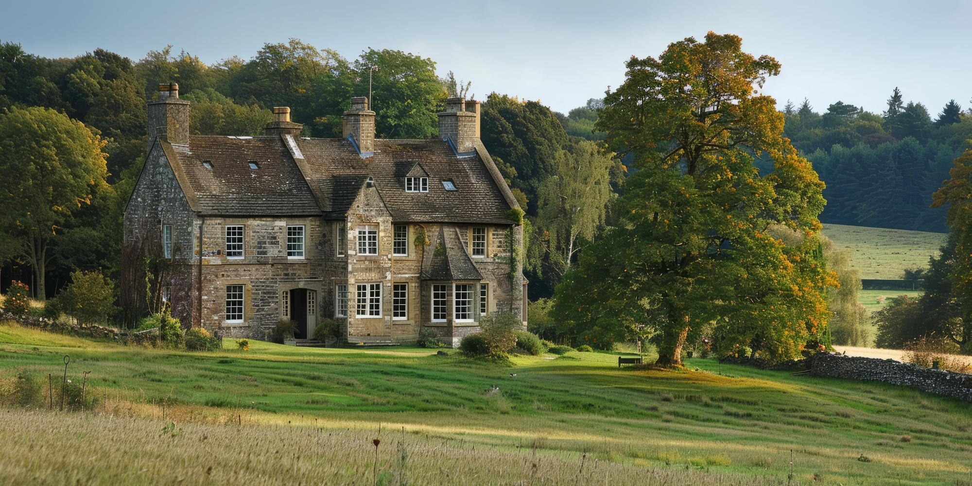 A stone English country house surrounded by lawns, mature trees, and rolling countryside.