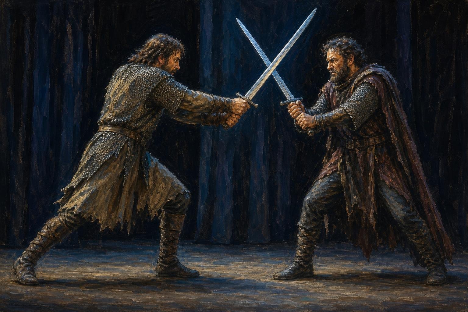 Illustration of Macduff and Macbeth crossing swords on a dark stage in medieval battle costumes.