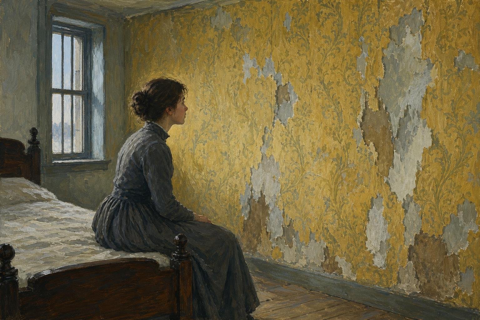 Illustration of a young woman on a wooden bed studying torn yellow wallpaper beside a barred window.